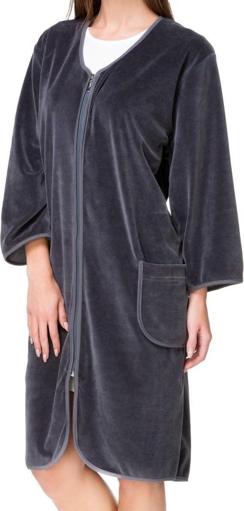 Aquarti Damen Velours Bademantel Morgenmantel Kurz mit Reißverschluss, Farbe: Graphit, Größe: 6XL