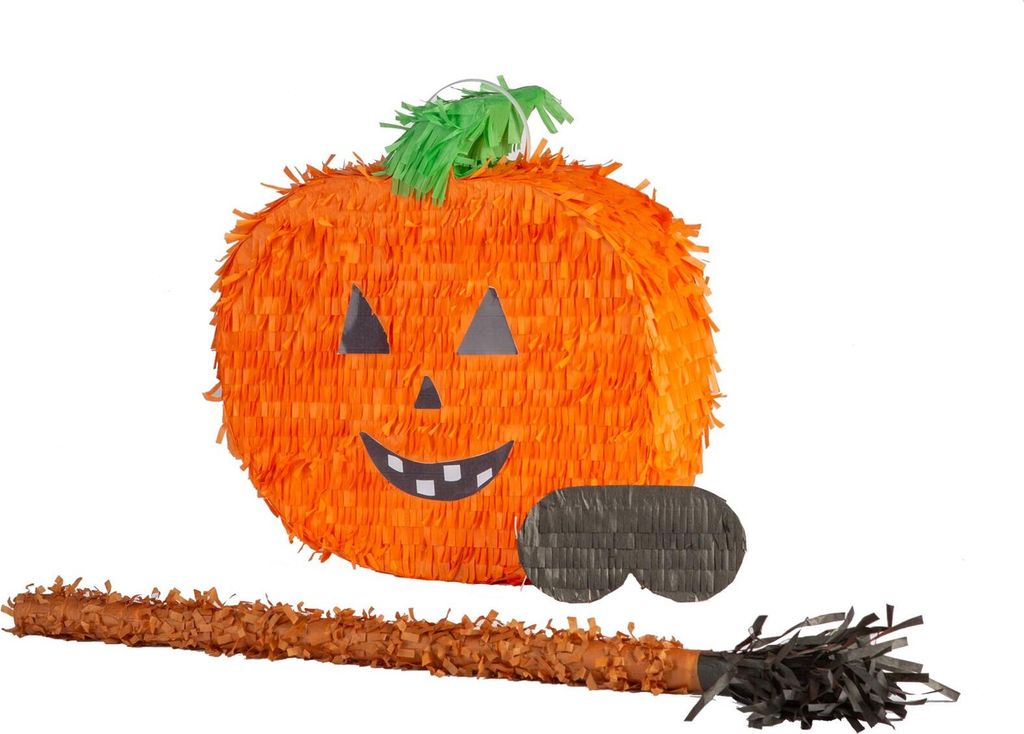 Pinatas Halloween-Kürbis-Set aus Papppinata, Stock und Augenbinde – B35 cm x T10 cm x H35,5 cm – Orange