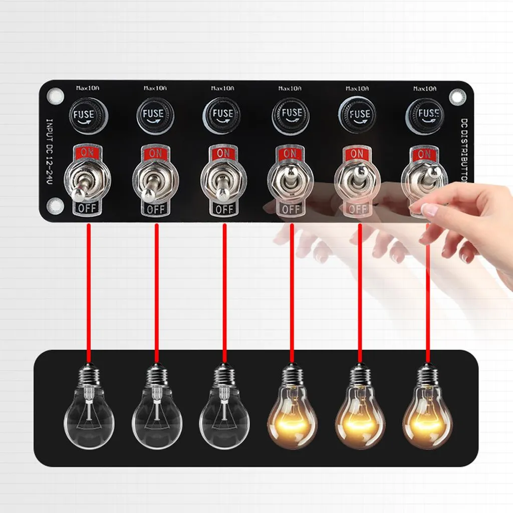 Panneau Interrupteur Marine 6 Gang avec Fusibles 10A pour Bateau 12V 24V
