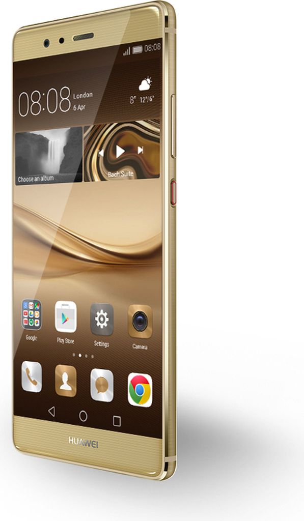 A gold Huawei P9 smartphone is shown from a side angle against a white background.