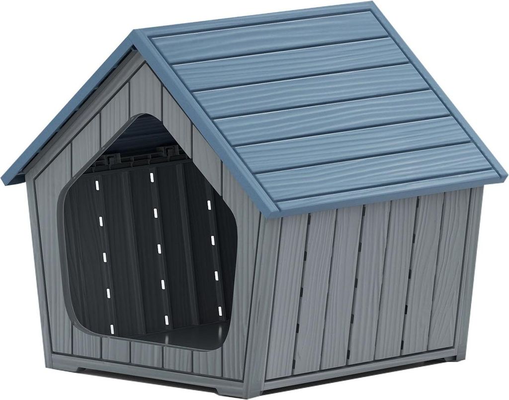 GOPLUS Hundehütte Outdoor, Hundehütte aus Kunststoff mit Belüftungsöffnungen & wasserbeständiger, erhöhter Basis, Haustierhaus für kleine Ha...