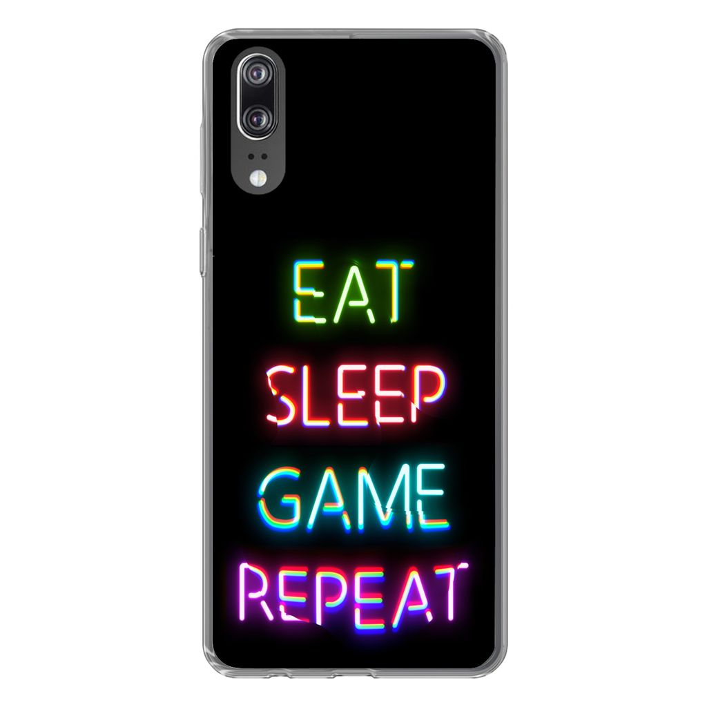 MuchoWow Handyhülle Schutzhülle Hülle für Huawei P20 Gaming - Led - Zitat - Eat sleep game repeat - Gaming Silikon Softcase Handy Hülle - Ha...