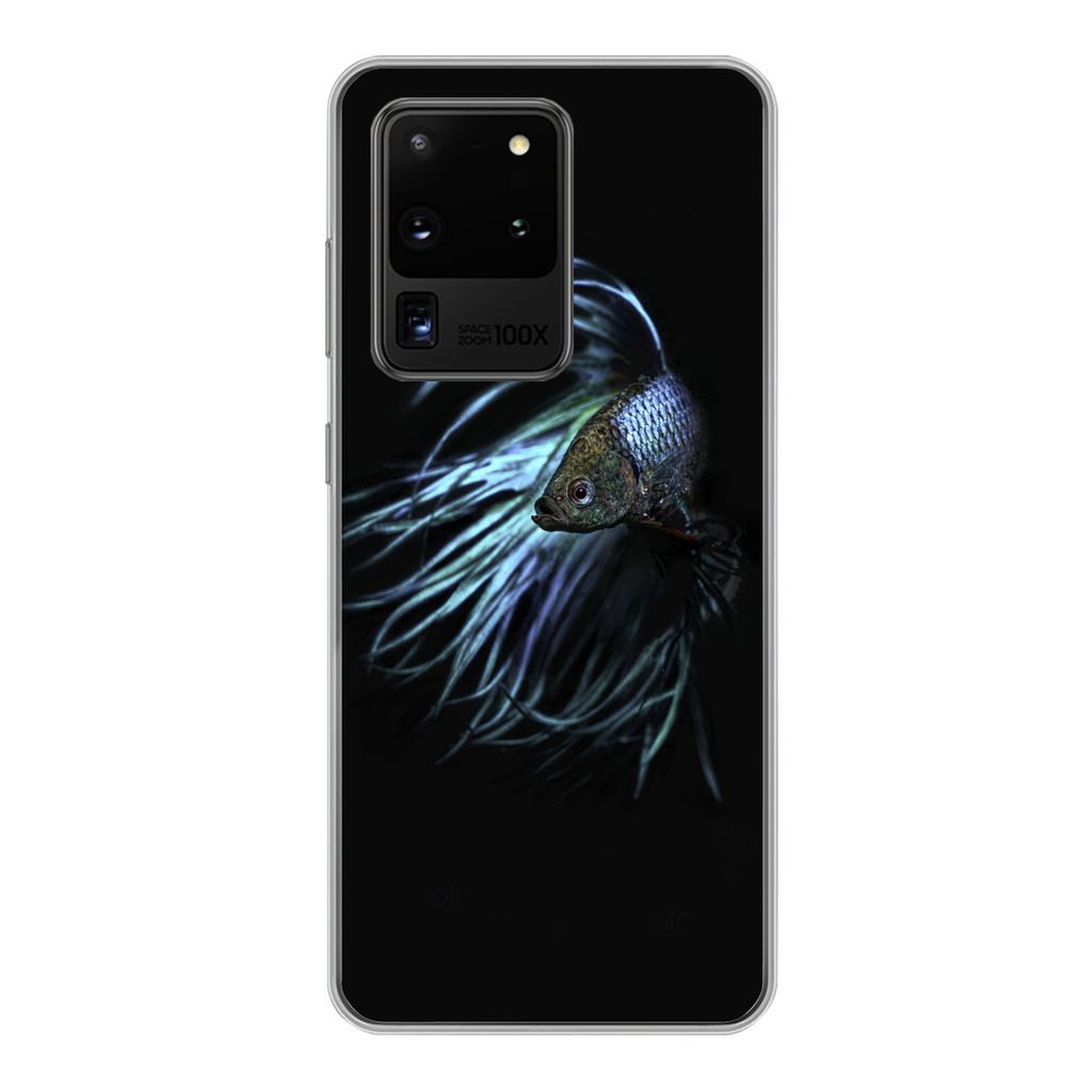MuchoWow Handyhülle Schutzhülle Hülle für Samsung Galaxy S20 Ultra Fisch - Schwanz - Schwarz Silikon Softcase Handy Hülle - Karteninhaber