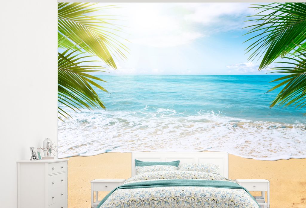 MuchoWow Fototapete für Wohnzimmer oder Schlafzimmer Wandtapete Vinyl Motivtapete Strand - Sand - Meer - Palme - 375x300 cm - Tapezierpapier