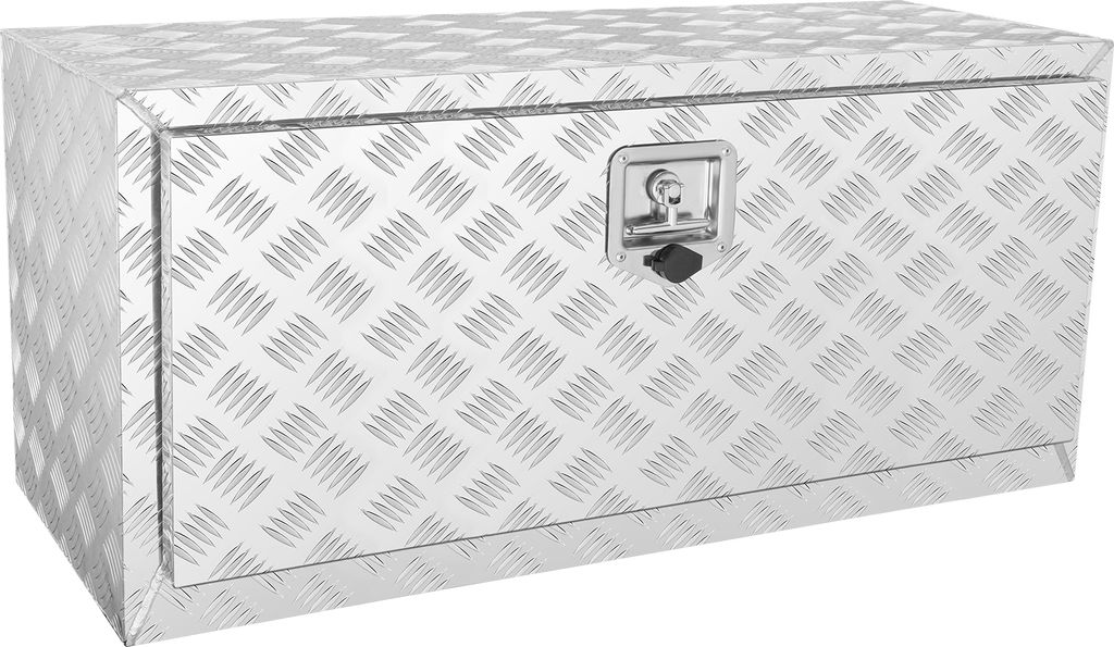 A silver aluminum diamond plate toolbox with a lock and keys is shown against a white background.