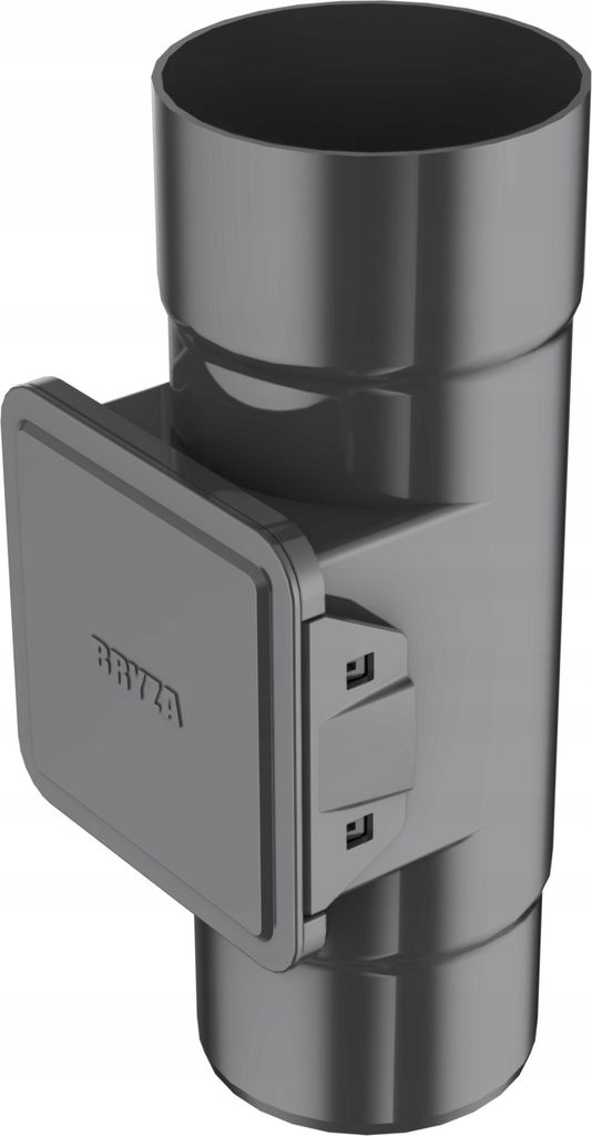 A dark gray PVC pipe fitting with a hinged access panel, designed for gutter cleaning.