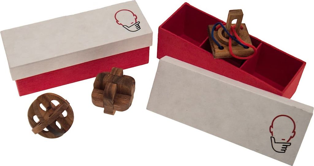 Geschenkbox mit Knobelspielen, Holz-Spiel, Denkspiel, Knobelspiel, Geduldspiel aus Holz