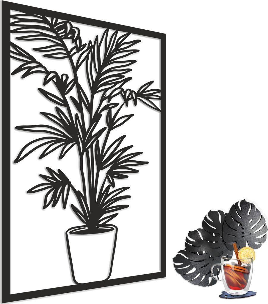 Dekoratives Wandpanel - Schwarze HDF-Platte, modernes 3D-Bild, filigrane Palme, 58x98 cm
