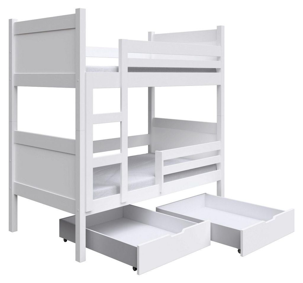 Masseno Etagenbett MIA 80x180 cm mit Schublade, Rausfallschutz, Kinderbett mit Leiter für Mädchen und Jungs, Stockbett, Weiß