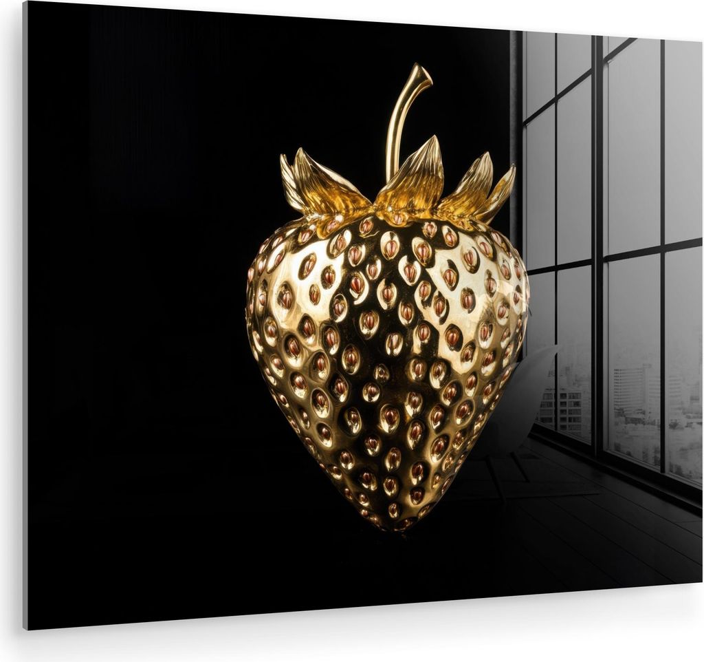 MuchoWow Glasbilder - Bilder auf Wandbild - Foto auf Glas Erdbeere - Gold - Schwarz - Chrom 80x60 cm Wanddekoration aus Glas - Acrylglasbild - Acry...