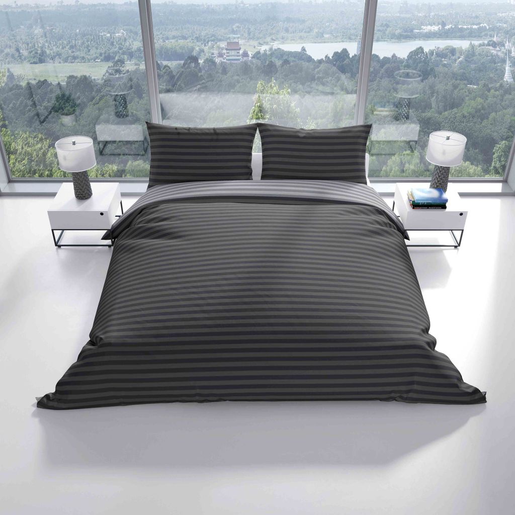Bettwäsche Set 155x220 cm in Anthrazit mit Streifenmuster Produktbild 2