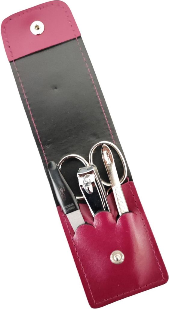 4-teiliges Solingen* Maniküre Set mit echt Leder Etui, Nagelschere, Feile, Pinzette Beere