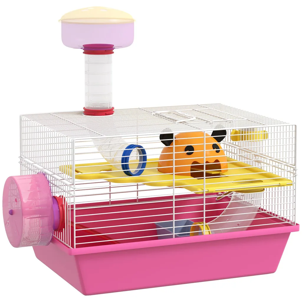 Cage à hamster et rongeur multicolore avec roue et maisonnette, rose