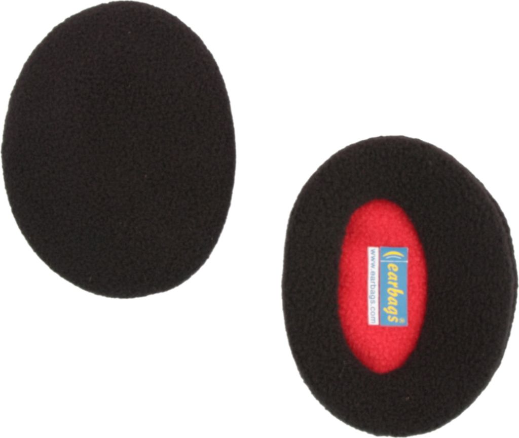 Two black ear warmers are shown against a white background. One ear warmer is shown from the front, and the other is shown from the side with a red interior and a label.