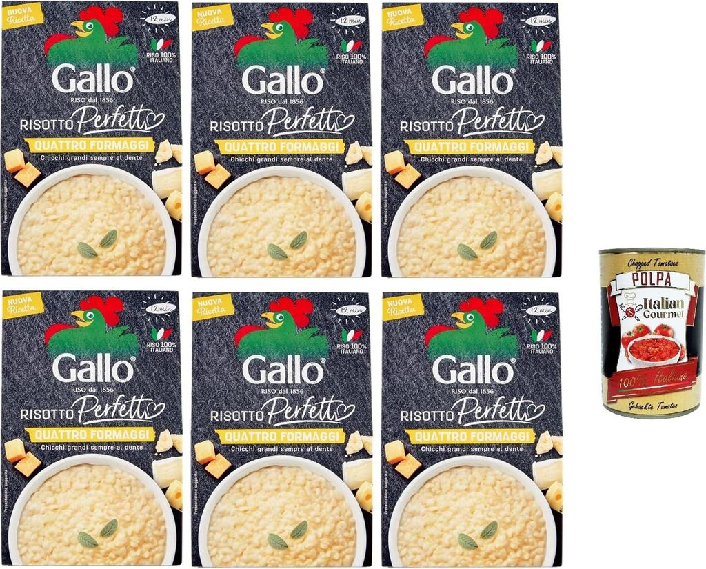 Gallo Risotto Perfetto Quattro Formaggi, Zubereitet für Vier-Käse-Risotto, 100% Italienischer Reis, 6x 175g + Italian Gourmet polpa 400g
