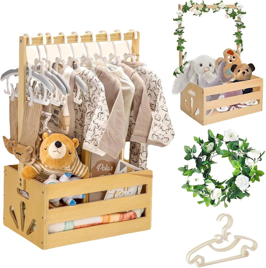Rattankorb mit 5 Haken, rosa und weiß, ideal als Geschenk zur Babyparty oder zur Geburt
