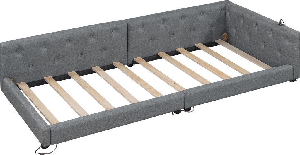 Schlafsofa mit LED-Beleuchtung, Lattenrost und Mehrfachsteckdose, 90x200 cm, Einzelbett, Polsterbett, Leinen