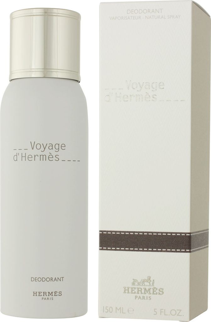 A white spray deodorant bottle and its matching white box packaging are shown side-by-side against a white background.