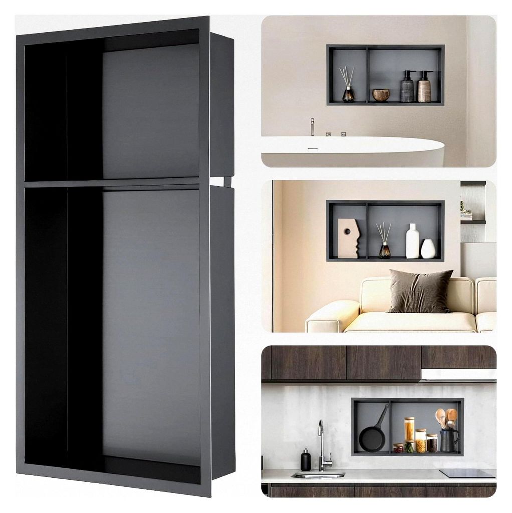 Duschnische 60x30x10 cm Nano Schwarz, zweistufig mit 2:1-Abteilverhältnis, integrierte Doppel-Duschnische für Bad, Edelstahl Einbaunische, Überm...