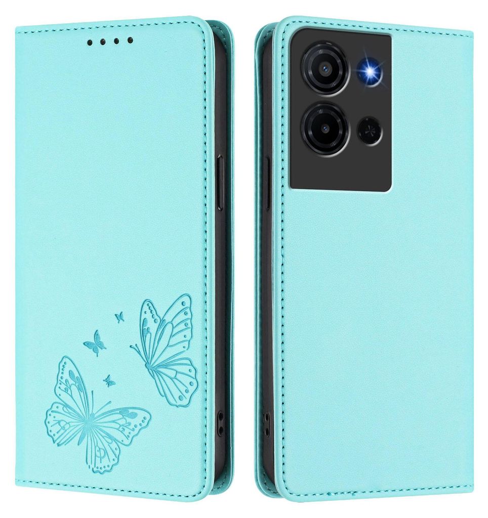Lederhülle für TCL K32 / K33, Schmetterling Prägung Leder Brieftasche Schutzhülle mit Ständer Türkis