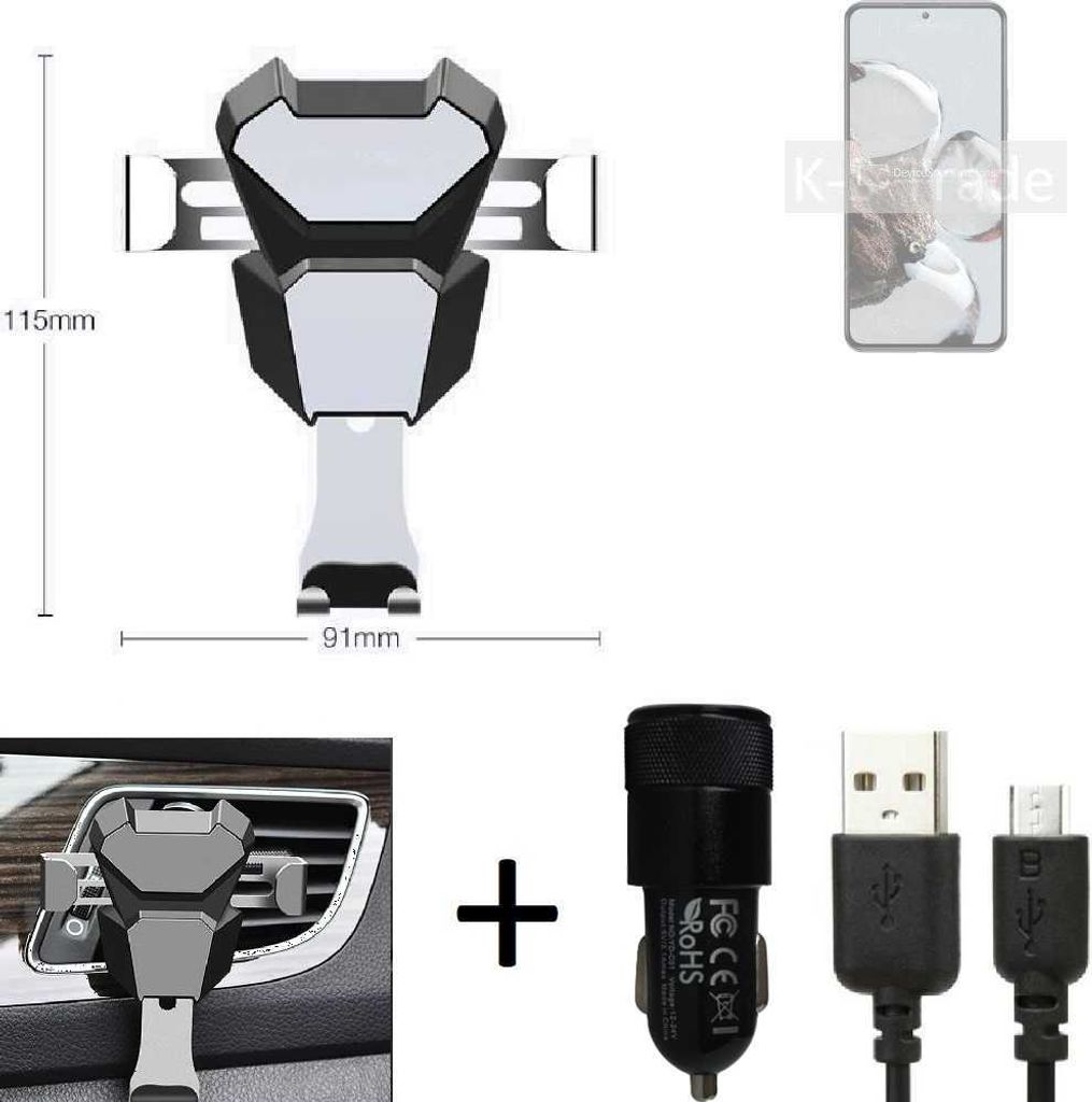 K-S-Trade KFZ Halterung kompatibel mit Xiaomi 12T Halterung Lüftungshalterung Lüftungsschlitz schwarz-silber Autohalterung Handy inkl. KFZ
