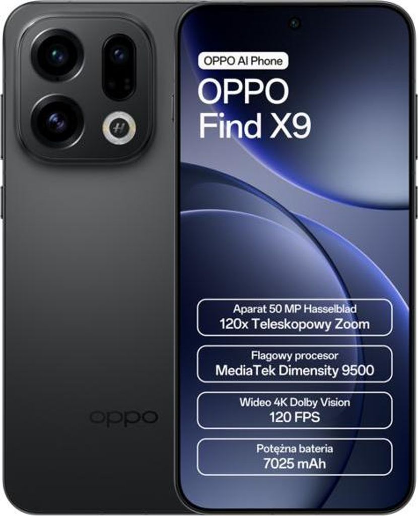 A marketing image of the Oppo Find X9 smartphone, showcasing its features.