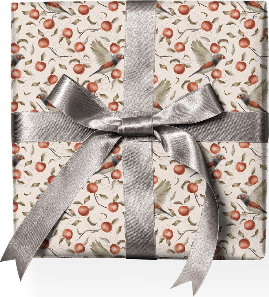 Vogel Herbst Geschenkpapier mit Äpfeln und Vögeln, beige rot - G22127, 32 x 48cm