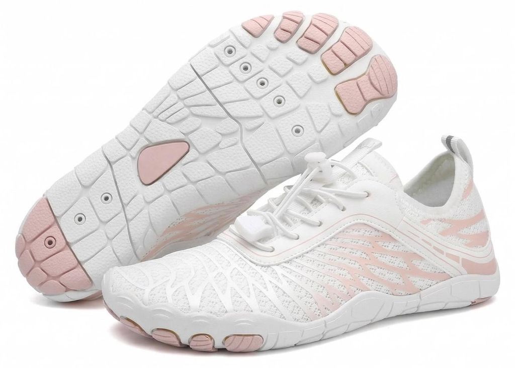Weiße und rosa Mesh-Wasserschuhe, einer aufrecht mit Seiten- und Draufsicht, der andere umgedreht mit Sohlenansicht