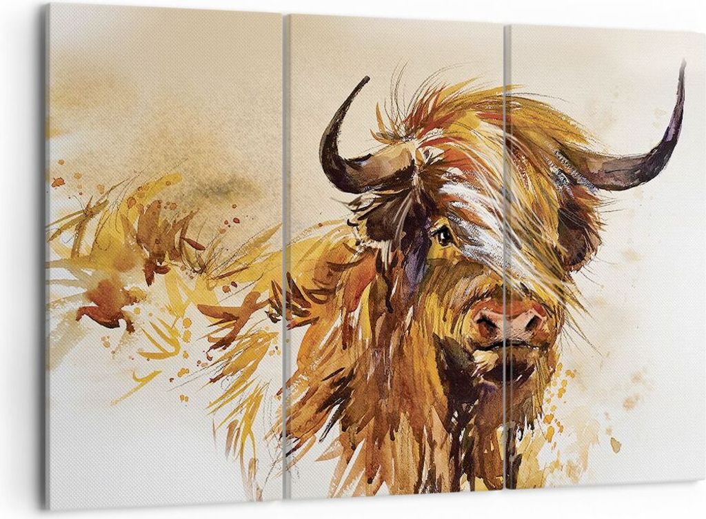 Bild auf Leinwand - Leinwandbild - 3 Teile - Stier Scotch Aquarell - 105x70cm - Wand Bild - Wanddeko - Wandbilder - Leinwanddruck - Bilder - Wandde...
