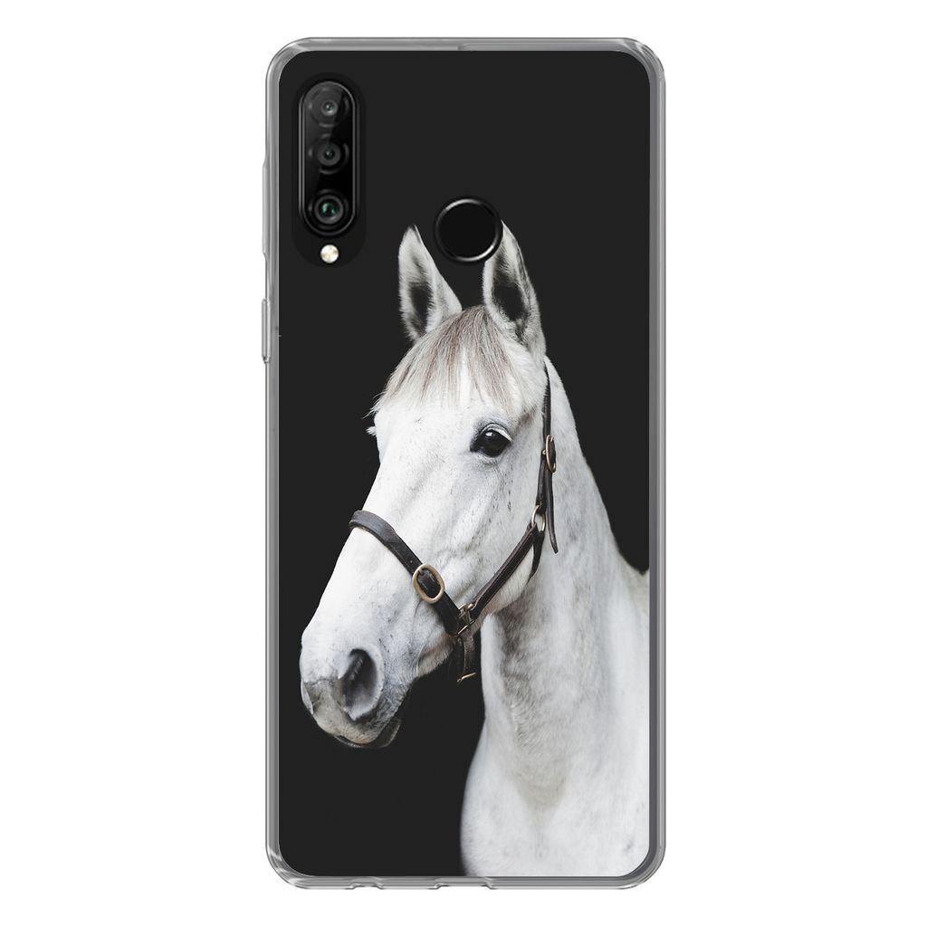 MuchoWow Handyhülle Schutzhülle Hülle für Huawei P30 Lite Pferd - Halfter - Weiß Silikon Softcase Handy Hülle - Handyhülle