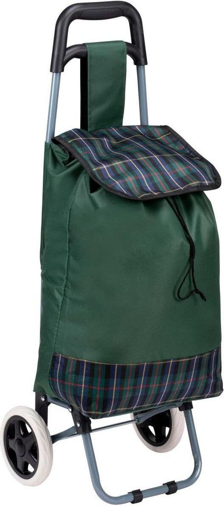 A shopping trolley bag with a green fabric body and a tartan pattern on the flap and trim.