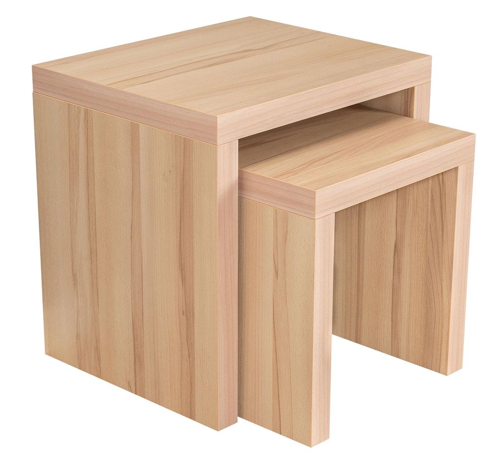 A set of two nesting tables made of light-colored wood, presented against a white background.