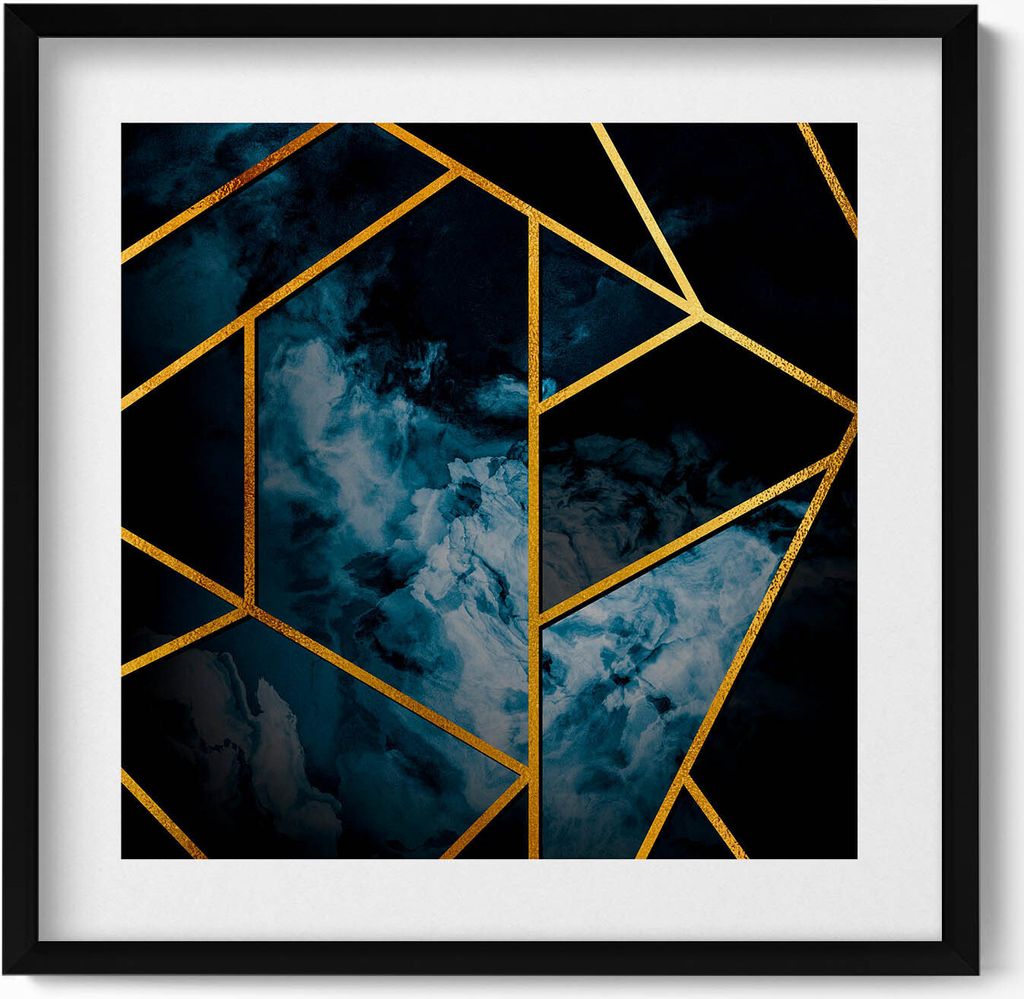 Dunkle geometrische Abstraktion mit Gold– Wandbild mit Rahmen – Gerahmtes Bild – Wanddekoration – 50x50 cm – Schwarz Rahmen
