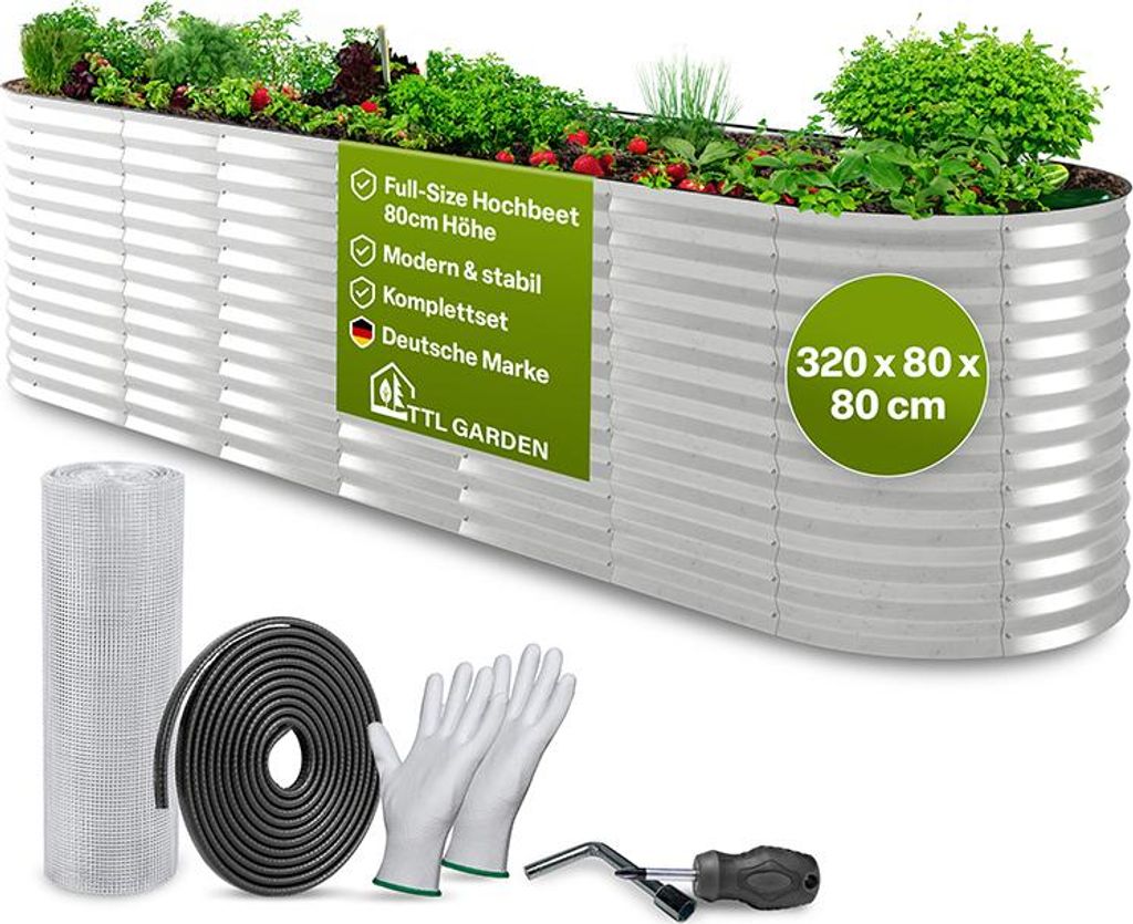 A raised garden bed with plants, along with accessories like gloves, mesh, and a sealing strip.
