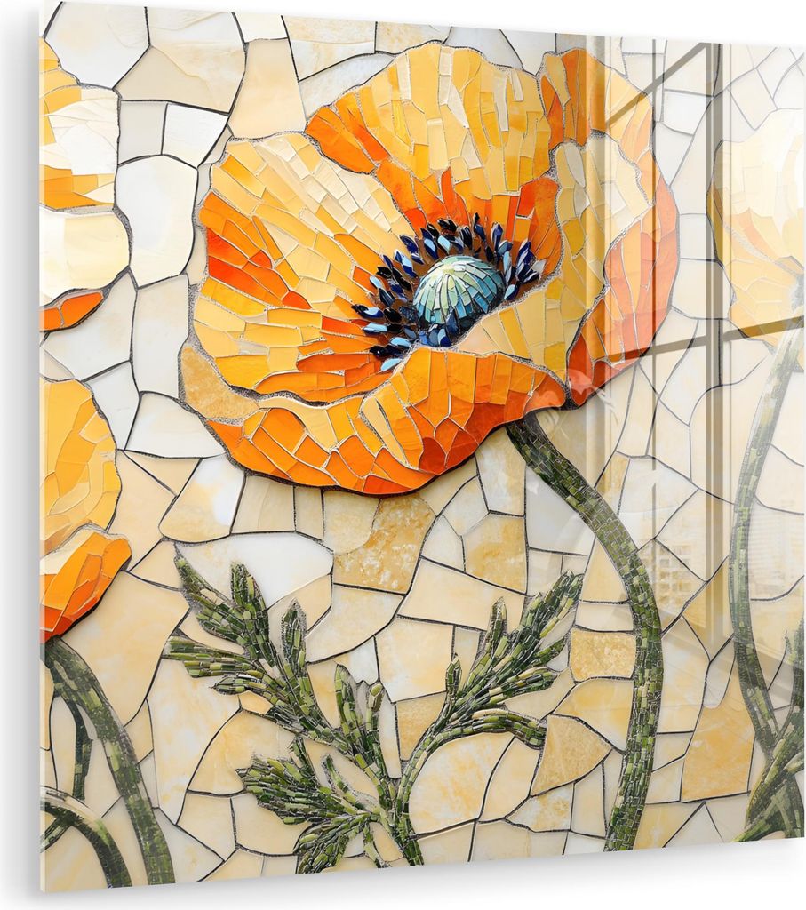 MuchoWow Glasbilder - Bilder auf Wandbild - Foto auf Glas Mohnblumen - Orange - Mosaik - Blätter 50x50 cm Wanddekoration aus Glas - Acrylglasbild ...