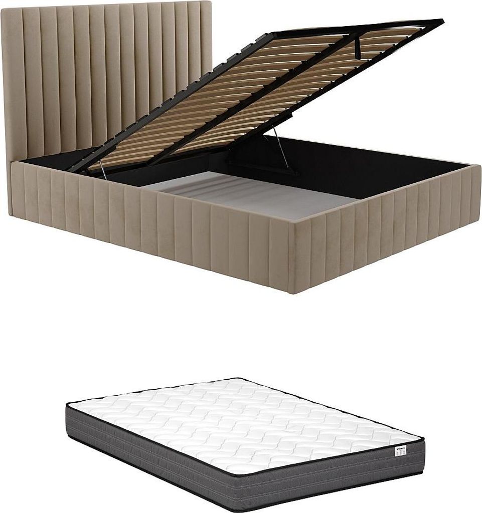 Bett mit Brust 160 x 200 cm und Kopfteil mit vertikalen Nähten - Velours - Taupe + Matratze - LARALI by Pascal Morabito