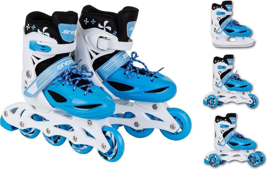 A pair of inline skates is shown from a front-facing angle, with smaller images of the skates in different configurations on the right side.