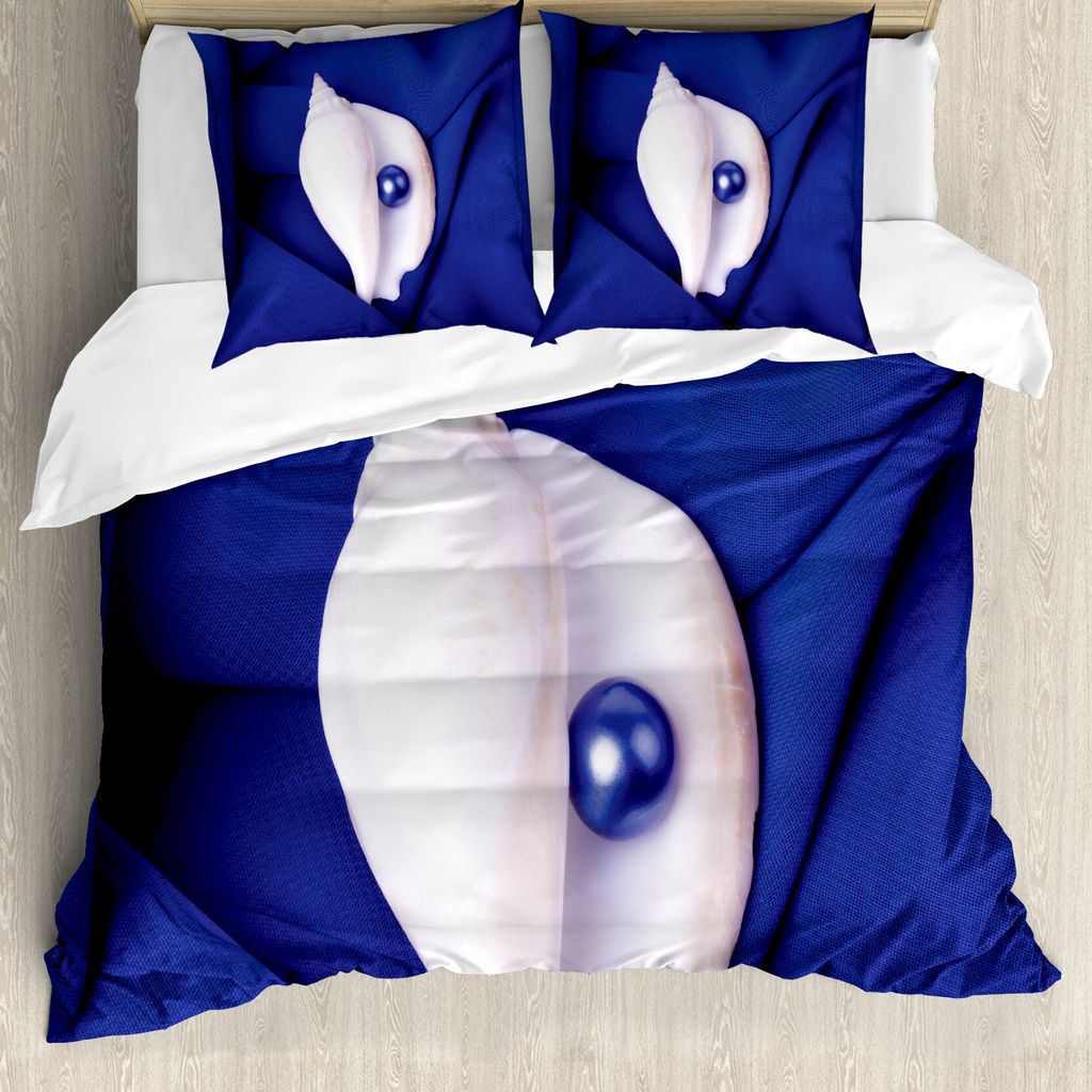 ABAKUHAUS Pearls Bettbezug, Shell mit Perle Ozean, Milbensicher Allergiker geeignet mit Kissenbezügen, 200 cm x 200 cm - 80 x 80 cm, Blau Weiss