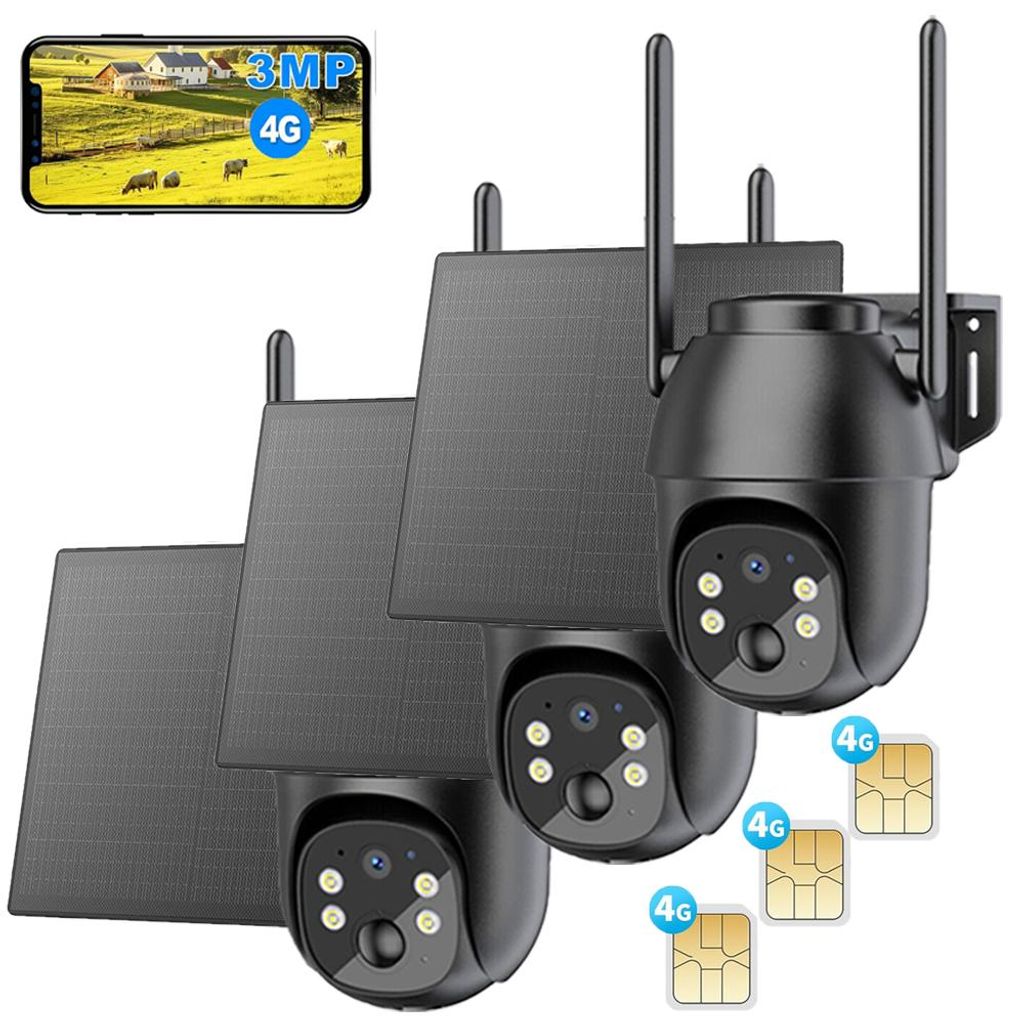 3 Stück 4G LTE Überwachungskamera Aussen Akku mit SIM Karte 2K Kabellos Solar PTZ IP Kamera Outdoor Ohne WLAN IR/Farb-Nachtsicht PIR Erkennung