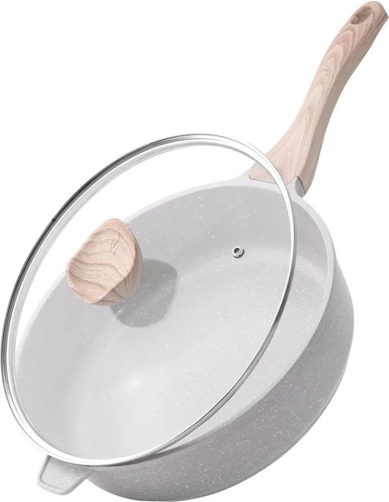 Padella Induzione 28cm Bianca Ceramica Antiaderente con Coperchio Vetro