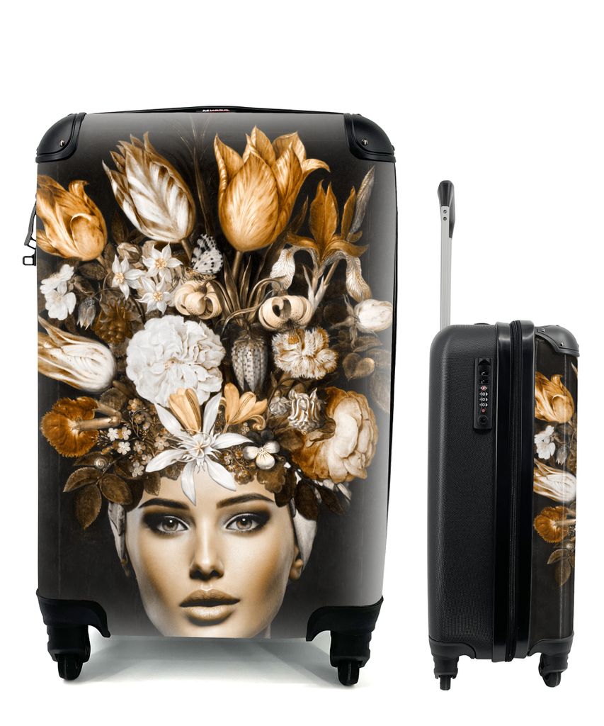 MuchoWow Koffer Handgepäck Trolley Rollkoffer Kleine Reisekoffer mit 4 Rollen - Frau - Blumen - Gold - Cabin Size < 55x40x23 cm & 55x40x20 cm - ...