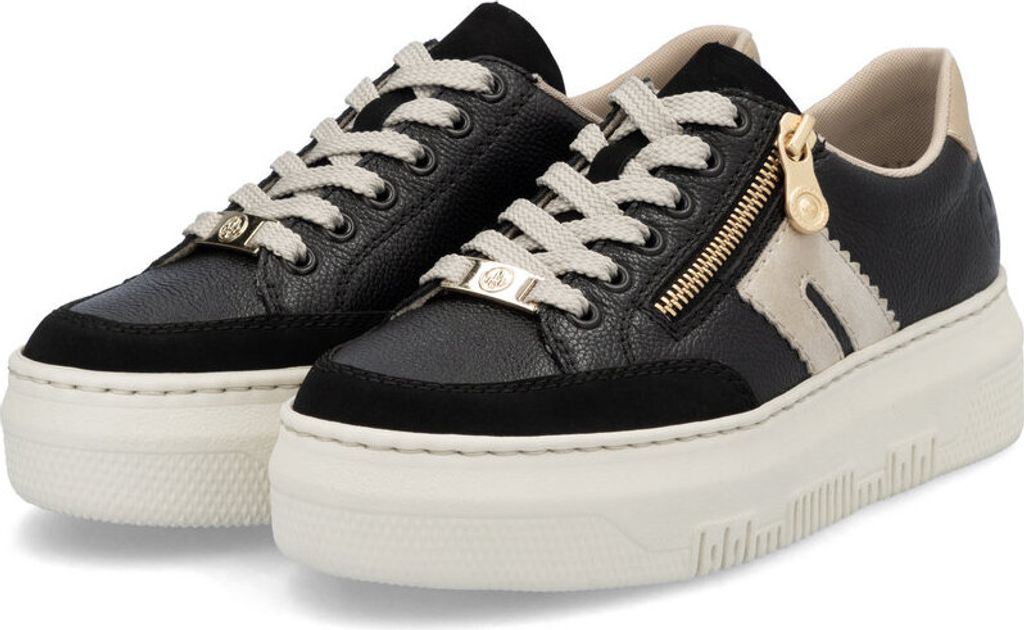 A pair of black low-top sneakers with a platform sole.