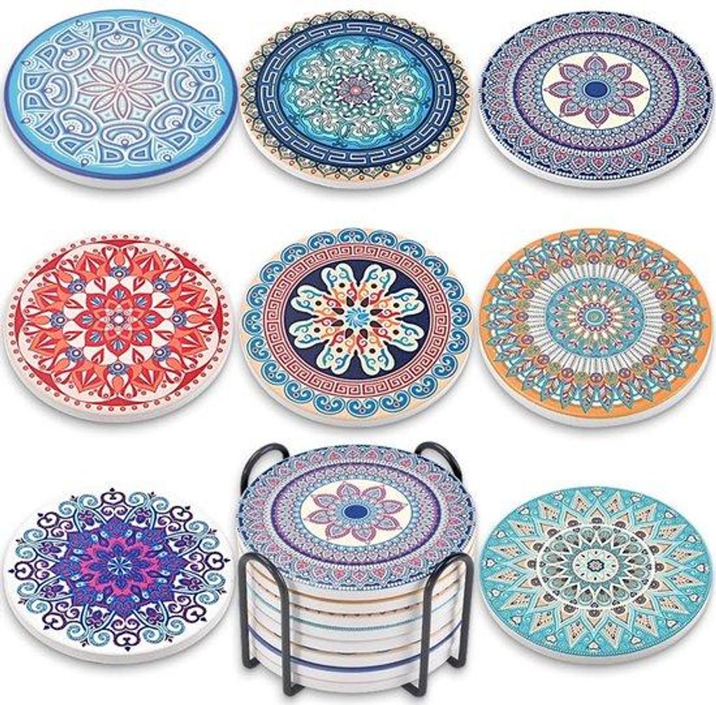 Keramische onderzetters, set van 8, met metalen houder, felgekleurde keramische onderzetters met mandala-patroon, salontafel-accessoires