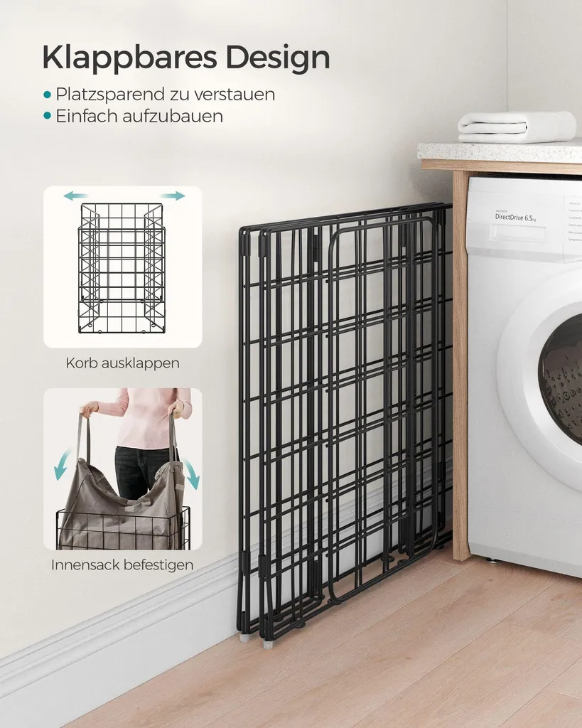 Corbeille à linge pliante 90 litres design noir-camel en métal rigide - 6