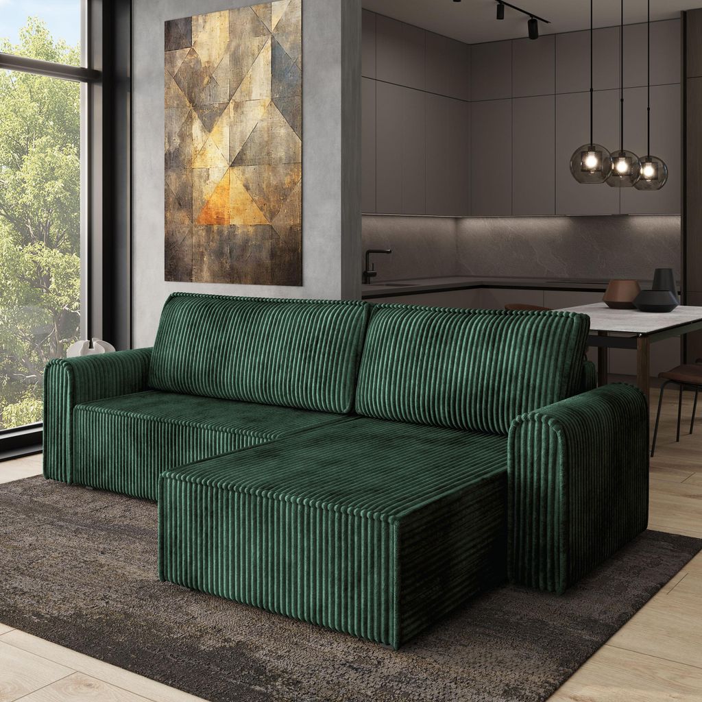 Masseno Ecksofa VALTINO mit Schlaffunktion L-Form, Sofa mit Bettkasten, Wohnzimmersofa, Couch, Soffa, Bettsofa, Couchgarnitur- Grün, TILIA 39