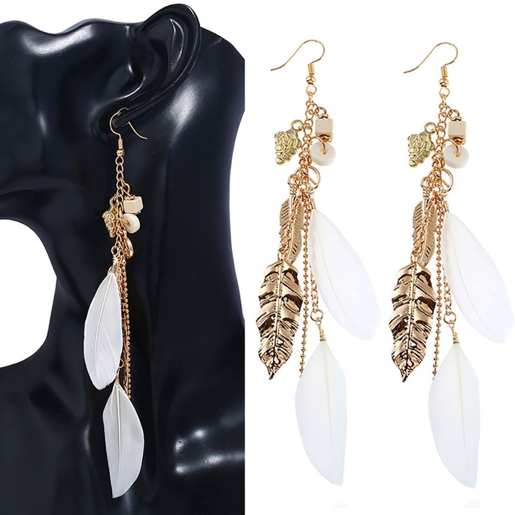 Mode Frauen Lange Kette Federn Baumeln Quaste Eardrop Haken Ohrringe Schmuck