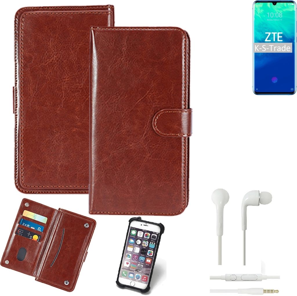 K-S-Trade 360° Hülle kompatibel mit ZTE Axon 10 Pro inkl. Headphones braun Kunstleder Case BookCase WalletCase Kunstlederederhülle Handyhülle,