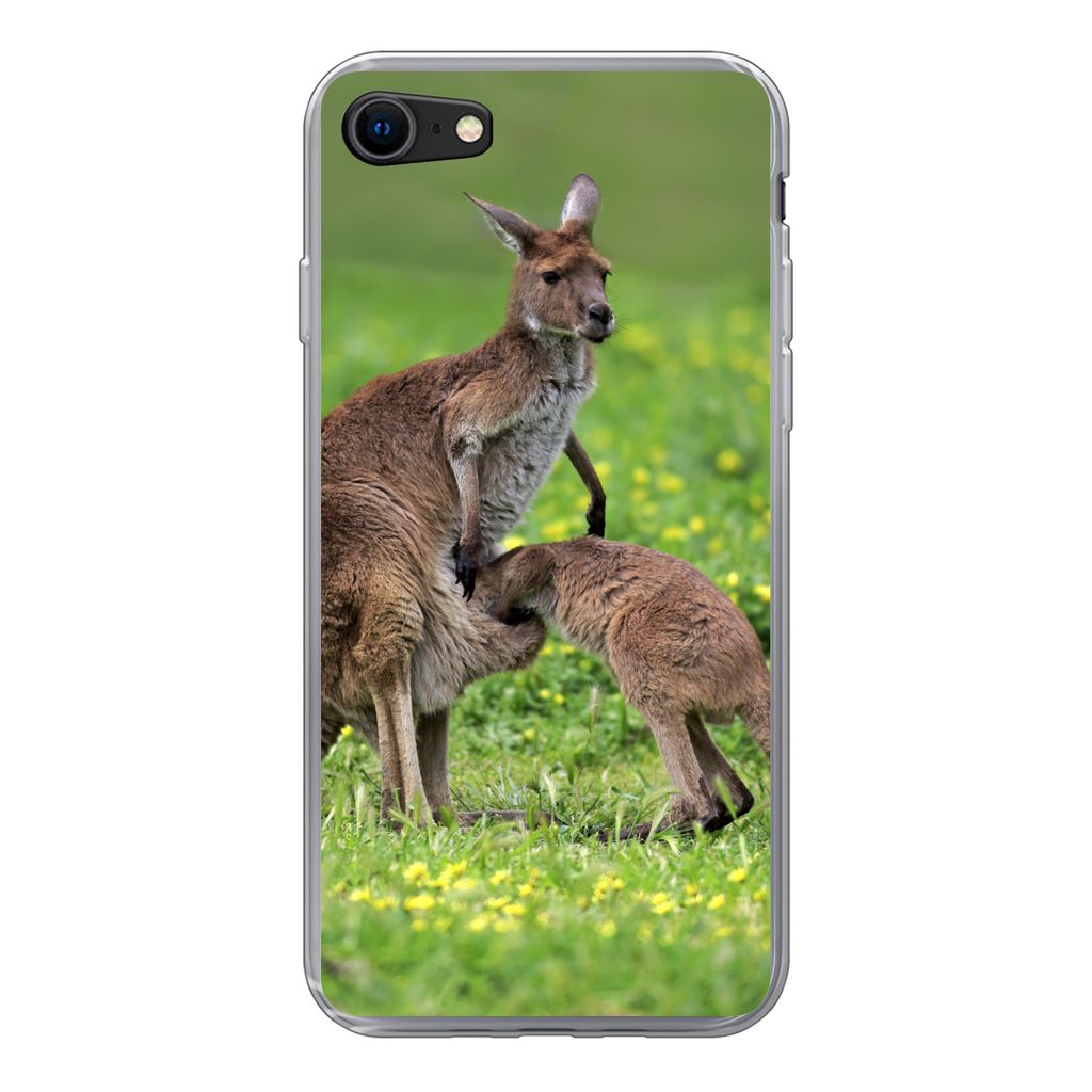 MuchoWow Handyhülle Schutzhülle Hülle für iPhone SE 2022 Känguru - Blumen - Jung Silikon Softcase Handy Hülle - Schutzhülle