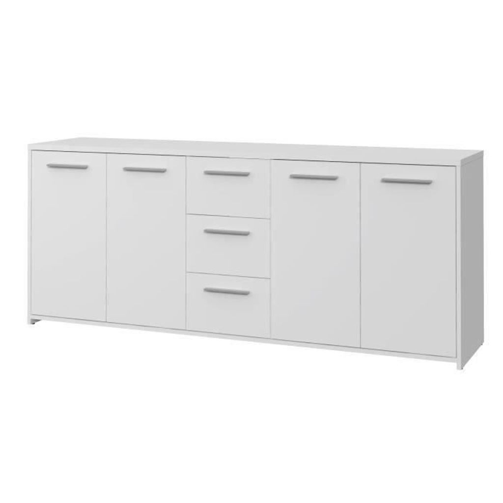 Niedriges Sideboard – Mattweiß – 4 Türen, 3 Schubladen – Produktbild 
