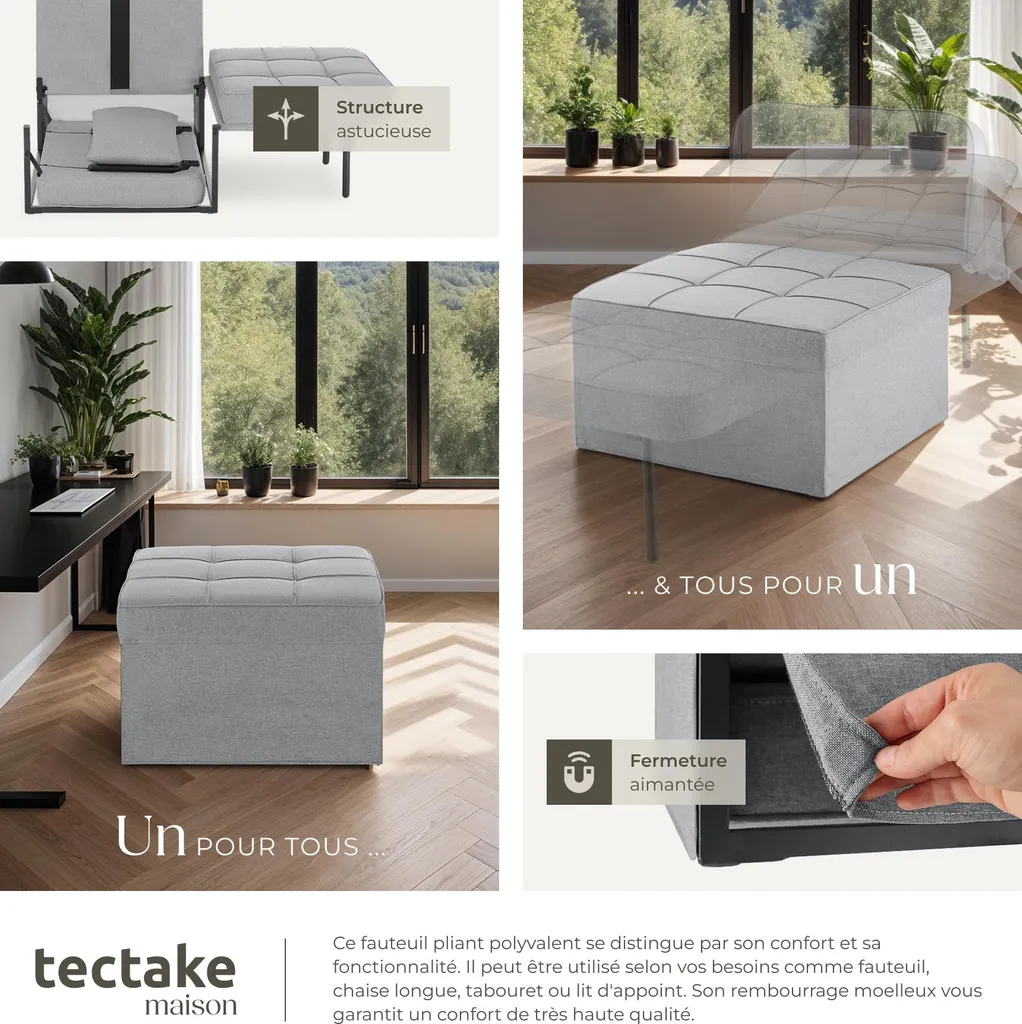 Lit d'appoint et fauteuil de salon PONTO gris clair idéal petits espaces - 7